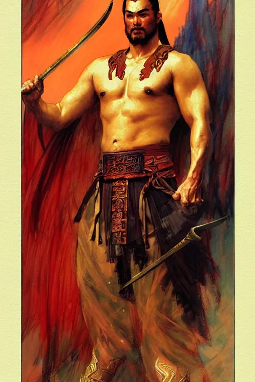 Image similar to wuxia, beefy male, character design, ancient china, colorful, painting by gaston bussiere, craig mullins, j. c. leyendecker, tom of finland