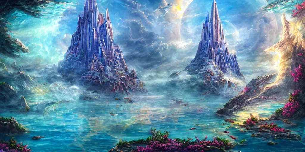 Image similar to aggressive goddess, crystal clear atlantis architectural marvels, crisp realistic fantasy art painting