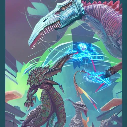 Image similar to futuristic alien race fighting dinosaurs, d & d style, trending on artstation, colorful, intricate, art by kev chan