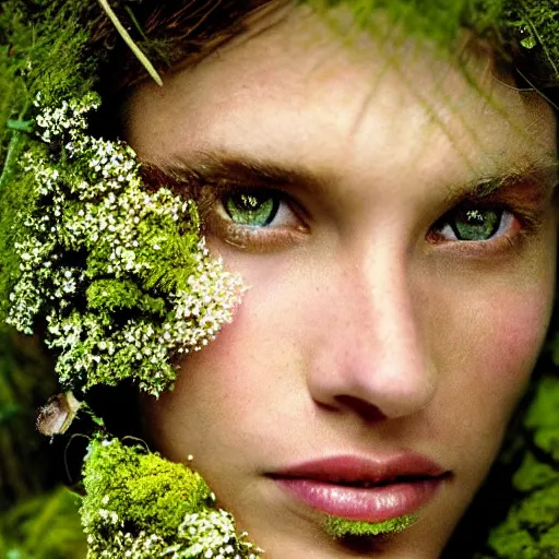 Image similar to beautiful portrait of a woman\'s face, her skin covered in moss and flowers, golden sunlight, extremely detailed, hyperrealistic, photo by annie leibovitz, masterpiece, award-winning