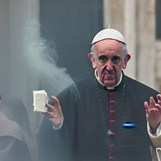 Prompt: pope francis smoking a joint, cinestill 800t 50mm