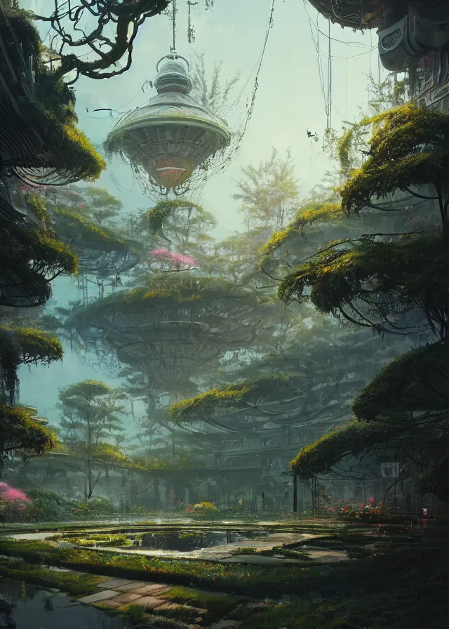 Prompt: The Empress’ hanging, swirling gardens, Jakub Kasper, Makoto Shinkai, Simon Stålenhag, matte painting, featured in artstation, dramatic lighting, octane render, cinematic, elegant, intricate, 8k