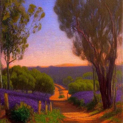 Image similar to a painting of a dirt road surrounded by eucalyptus trees and california golden poppies, violet woodland hill in the distance, violet sunset. an oil painting by Julian Onderdonk, green orange violet triadic color palette, featured on deviantart, australian tonalism, pre-raphaelite, impressionism, detailed painting