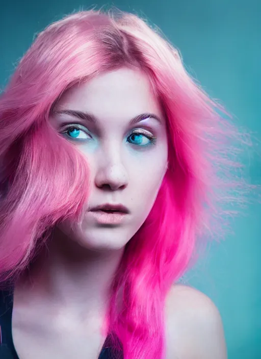 Image similar to a dramatic lighting photo of a beautiful young woman with cotton candy hair. blood splashes with a little bit of cyan and pink