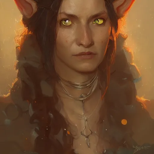 Prompt: portrait of an elven woman with small copper horns, by greg rutkowski, trending on artstation, dungeon and dragons art