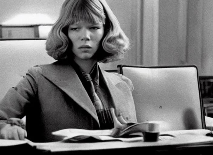 Image similar to A movie still of Lea Seydoux as Secretary of State in 1976 thriller movie.