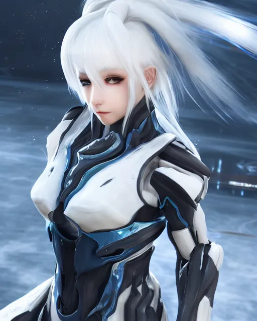 Prompt: perfect white haired girl, warframe armor, beautiful, dreamy, half asian, pretty face, blue eyes, detailed, windy weather, scifi platform, laboratory, experiment, 4 k, ultra realistic, epic lighting, android body, illuminated, cinematic, high detail, masterpiece, art by akihito tsukushi, akihiko yoshida, voidstar