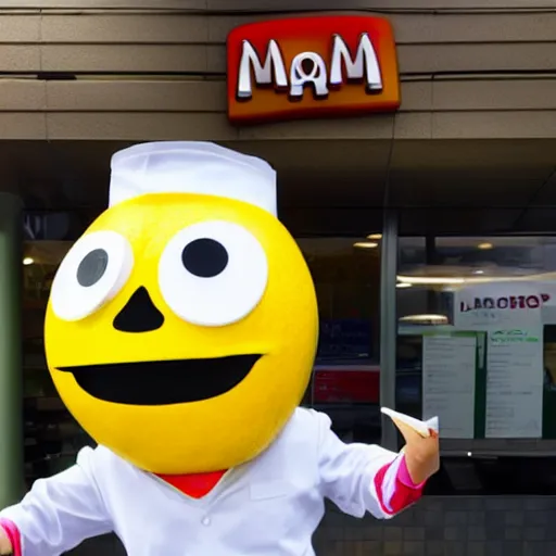 Image similar to anthropomorphic fruit lemon working at mcdonalds wearing mcdonalds uniform