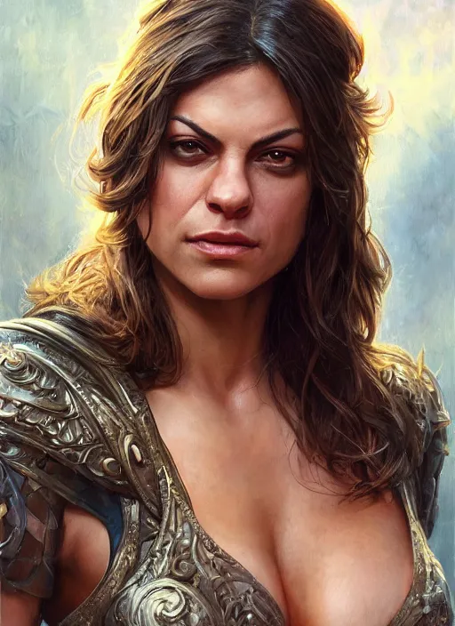 Image similar to muscled Mila Kunis grinning as a ruggedly handsome heroine, intricate, elegant, highly detailed, centered, artstation, concept art, smooth, sharp focus, illustration, bokeh art by artgerm and donato giancola and Joseph Christian Leyendecker, WLOP