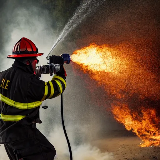 Image similar to photo of a firefighter using a flamethrower. award-winning, highly-detailed