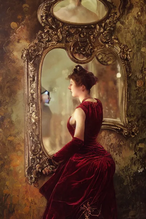 Image similar to an intricate artistic pose painting of a beautiful young victorian lady looking through a baroque mirror with an artistic pose wearing a beautiful velvet dress, hyper detailed, octane render, vivid colors, artstation, by jeremy mann, alphonse mucha, by boris vallejo