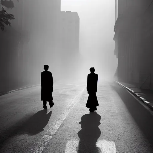 Image similar to people with modern european formal cloting going to their office walking on wide side road,modern san francisco,misty morning with long shadows,fan ho photography