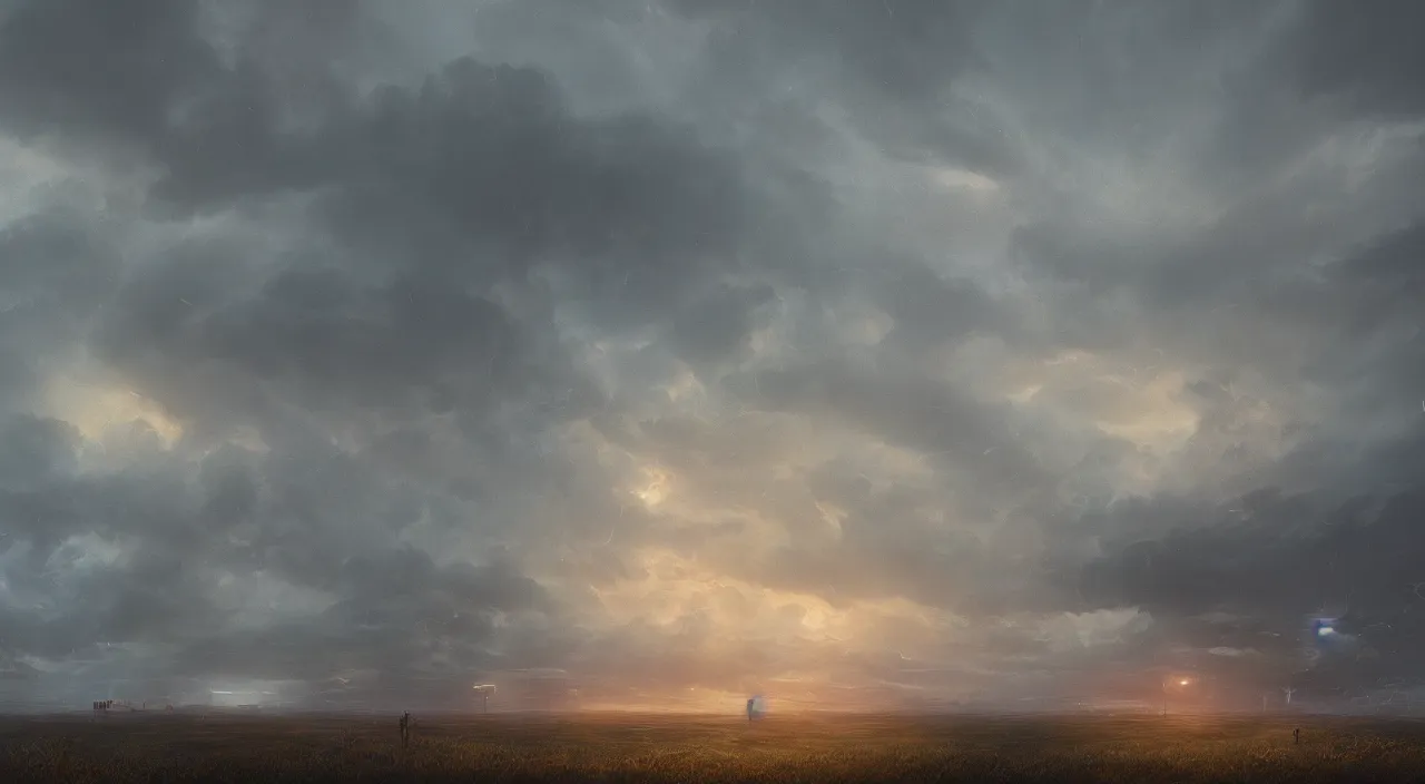 Image similar to plains, dusk, stormy overcast, octane render, cinematic, trending on artstation, elegant, intricate, style by Simon Stålenhag, 8k