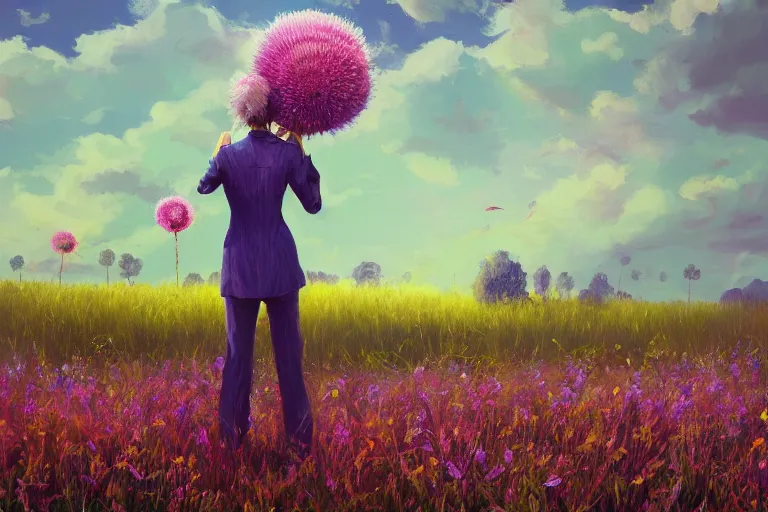 Prompt: closeup, giant thistle flower under head, a girl in a suit in field of flowers, surreal photography, sunrise, blue sky, dramatic light, impressionist painting, digital painting, artstation, simon stalenhag