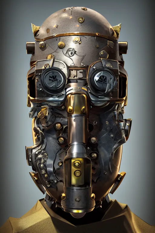 Image similar to steampunk mask minimalist fantasy art robot ninja helmet, global illumination ray tracing hdr fanart arstation by sung choi and eric pfeiffer and gabriel garza and casper konefal radiating a glowing aura