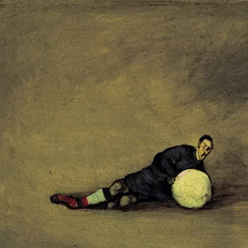 Prompt: a painting of a soccer player devouring a soccer ball by goya,