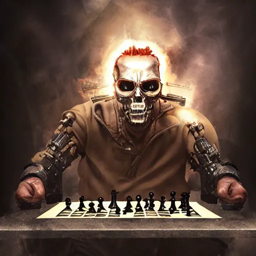 Image similar to apocalyptic, the terminator playing chess and eating cheese. smoke. volumetric lighting, sharp focus, ultra detailed, cgsociety - w 1 0 2 4 - n 8 - i