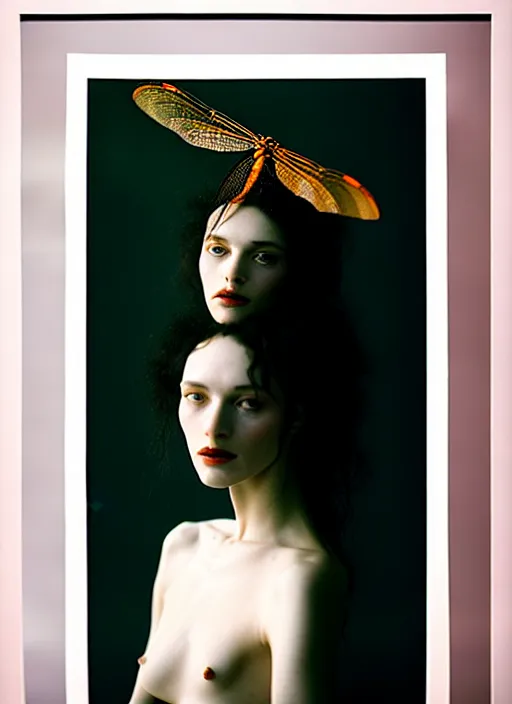 Image similar to cinestill 5 0 d portrait shot of a beautiful woman hybrid in style of paolo roversi by roberto ferri, translucent dragonfly wings body detailed, 1 5 0 mm lens, f 1. 4, sharp focus, ethereal, emotionally evoking, head in focus, volumetric lighting, tonal colors outdoor
