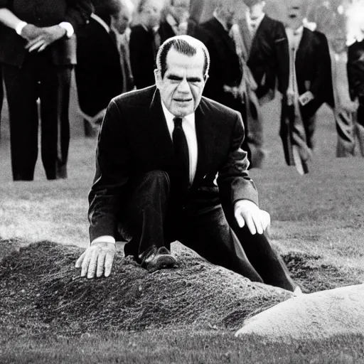 Image similar to president richard nixon crawling out of a grave. photograph. high quality. low angle