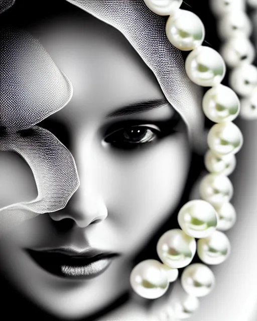 Image similar to black and white dreamy young beautiful veiled female artificial intelligence, realistic pearl ornament in the face, long hair are intricate with highly detailed realistic pearls, cinematic, rim light, bokeh, photo - realistic, elegant, high detail, 8 k, masterpiece, photo taken in 1 9 3 0