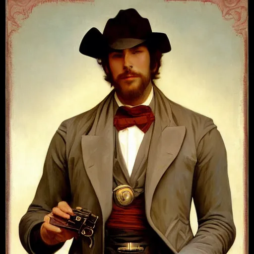 Image similar to a vintage portrait painting of a fantasy gentleman gunslinger, art by tristan eaton and artgerm and william - adolphe bouguereau