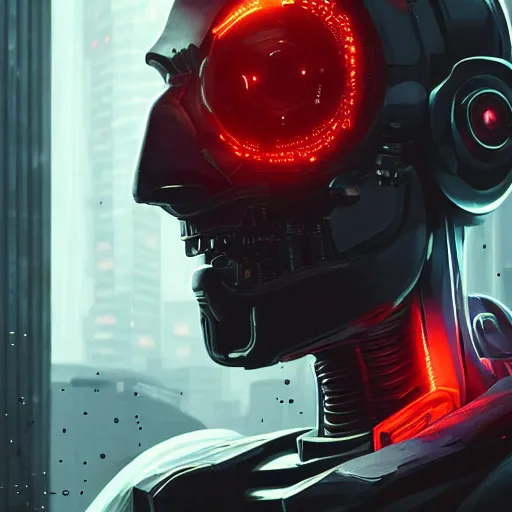 Prompt: a cyborg, cyberpunk, surrounded by smoke, award-winning art, black on red, highly creative, hyperrealistic, highly-detailed, by Sam Spratt, by Vlad Rodrig﻿u﻿e﻿z, computer screens in the background, trending on Artstation, dark, dramatic, cinematic, realistic studio lighting, realistic reflections, 4k, professional, canon