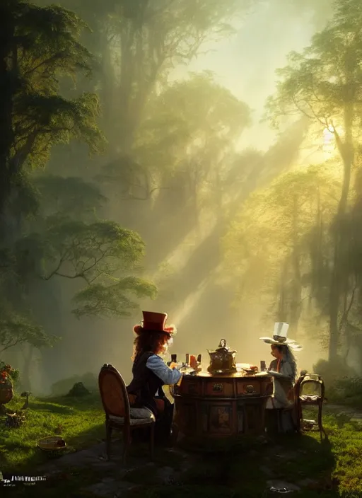 Prompt: The Mad hatter sitting in his tea table, mist, sunrays, dust in the air, DnD character, unreal engine, octane render, dramatic lighting, pond, digital art, by Stanley Artgerm Lau, greg rutkowski, thomas kindkade, alphonse mucha, loish, norman Rockwell,
