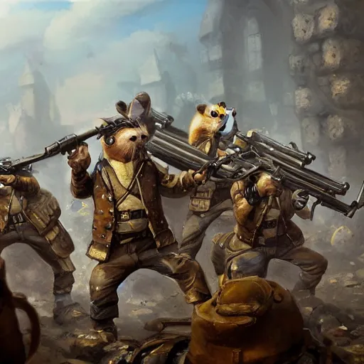 Prompt: oil painting of many hamster soldiers holding rifles, close shot, medium shot, steampunk clothes, steampunk city background, sharp focus, fantasy style, octane render, volumetric lighting, 8k high definition, by greg rutkowski, highly detailed, trending on art Station, dungeons and dragons artwork, centered