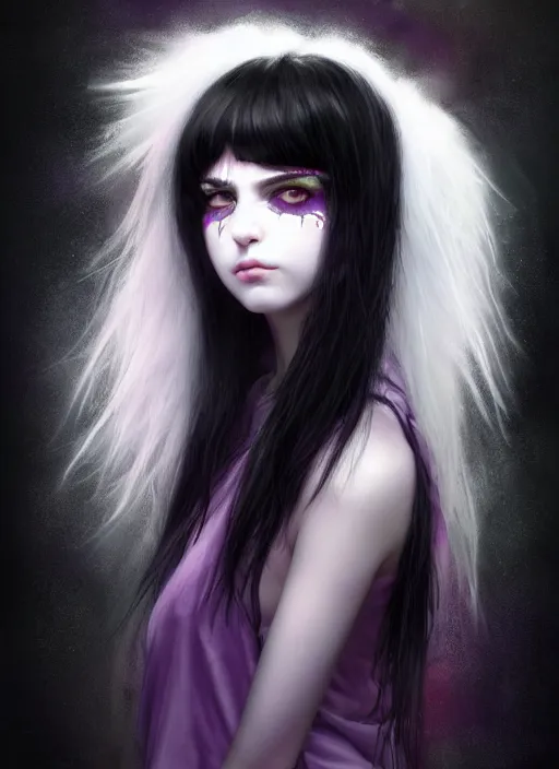 Image similar to hair blackbangs hair, white cyberlox, portrait of normal teenage girl, normal face, black bangs, messy bangs, fluffy bangs, cyberlox, whitebangs, red contact lenses, purple background, intricate, elegant, highly detailed, digital painting, artstation, concept art, sharp focus, smooth, illustration, art by wlop, mars ravelo and greg rutkowski