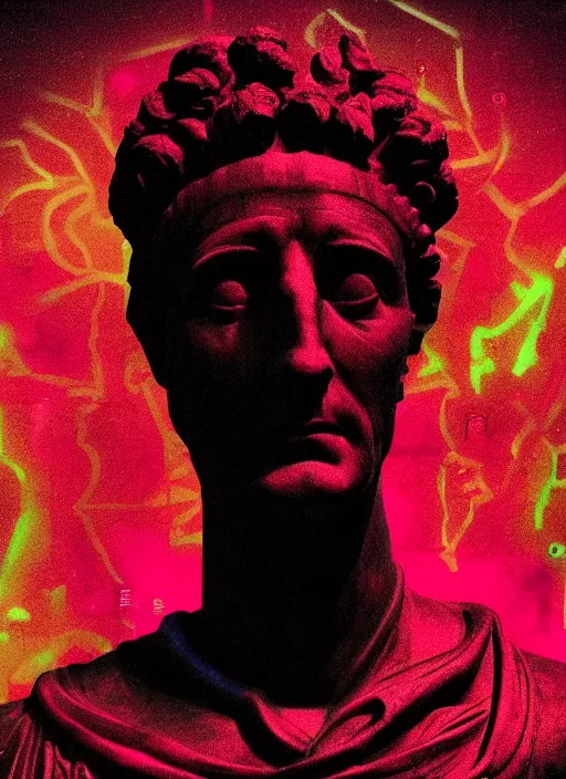 Image similar to black background with subtle red and purple design elements, statue of julius caesar, nekro, poster art, thin lines, dark, glitch art, neo vaporwave, gritty, layout frame, trending on artstation