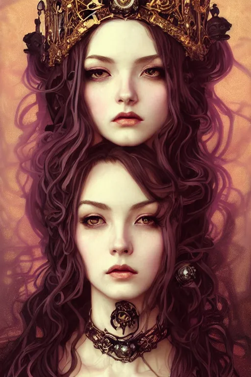 Image similar to beautiful and luxury and victorian and gothic and dieselpunk young medieval dark crown princess portrait like blackpink lisa+smoky eyes+front face with light flowing hair, ultradetail face, art and illustration by tian zi and craig mullins and WLOP and alphonse mucha, fantasy, intricate complexity, human structure, human anatomy, fantasy character concept, watermark, blurry, hyperrealism 8k