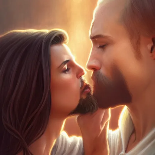 Image similar to jesus kissing a sensual woman in jerusalem, elegant, highly detailed, digital painting, artstation, concept art, matte, sharp focus, highly detailed, 4 k, hdr, smooth, sharp focus, high resolution, award - winning photo, photorealistic, art by artgerm and greg rutkowski and alphonse mucha, large shot