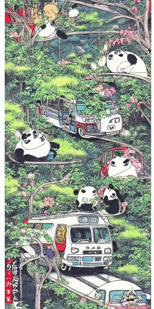 Image similar to a panda bus in japan like totoro, 1990s anime, full color, tarot card the chariot, highly detailed ,