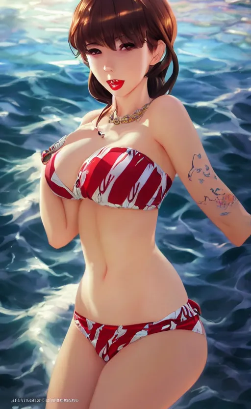 Image similar to a pin up and beautiful fashion charming dreamlkeanime cute girl in bikini with lv jewelry, character art, art by artgerm lau and kyoung hwan kim and and ilya kuvshinov and john singer sargent, hyperdetailed, 8 k realistic, symmetrical, frostbite 3 engine, cryengine, dof, trending on artstation, digital art