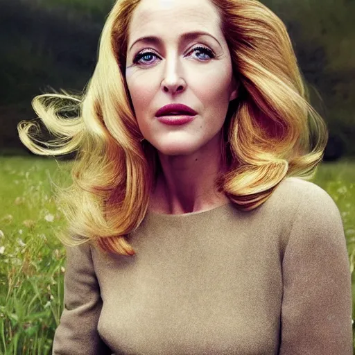 Prompt: photo of a gorgeous Gillian Anderson long flowing hairstyle in an enchanted meadow by Mario Testino, detailed, distance shot, award winning, Sony a7R