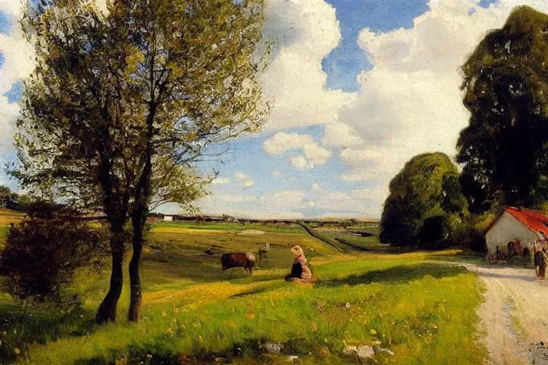 Image similar to P.S. Krøyer painting of idyllic danish rural landscape