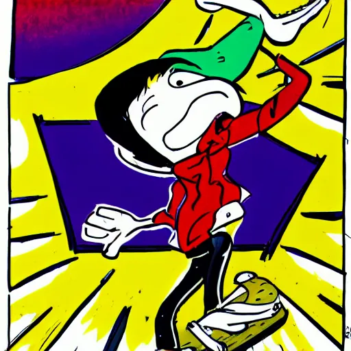Image similar to single skater character on white background, cartoony stylized proportions by ralph bakshi hirouki imaishi inks and colors