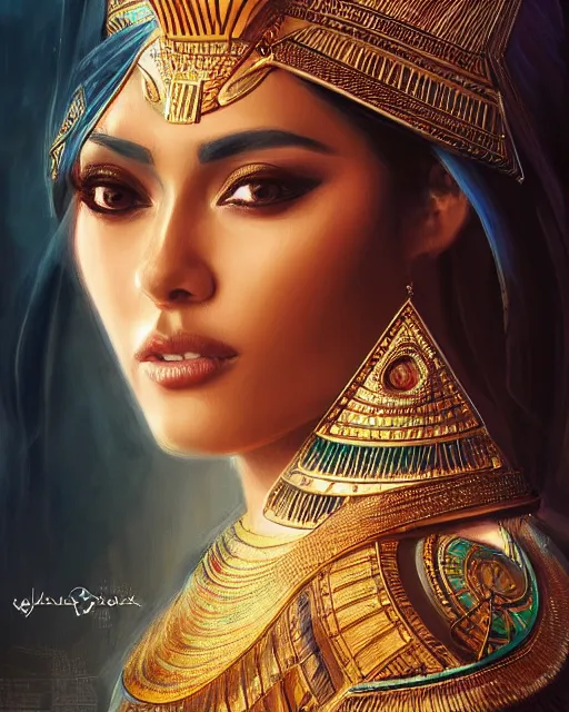 Image similar to Jessica Kahawaty as a beautiful egyptian princess, gorgeous, portrait, Symmetrical, powerful, intricate, beautiful, masterpiece, elegant, volumetric lighting, back lighting, dramatic lighting, highly detailed, artstation, sharp focus, illustration, Artgerm, Jean-Léon Gérôme , ruan jia