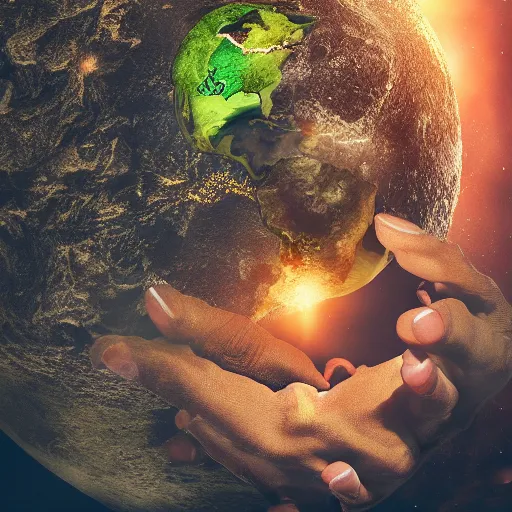 Image similar to Monster holding Earth in hand, we see his face from space, unimaginably huge, beautiful details, HDR, octane render