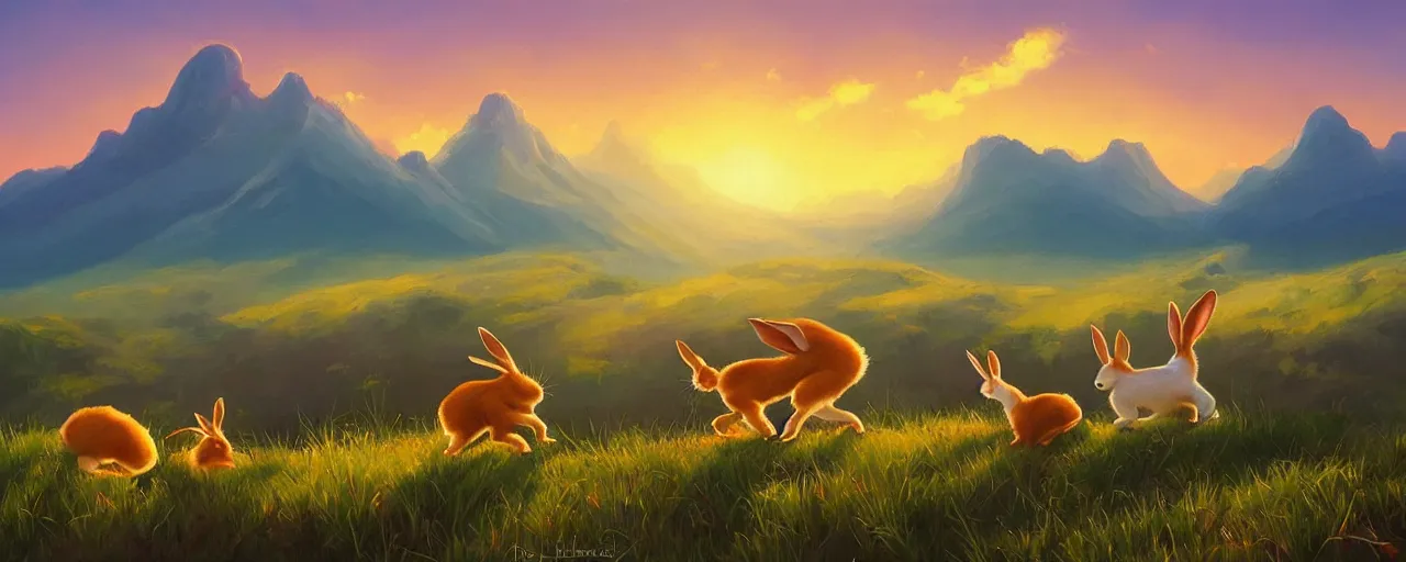 Prompt: bunnies hopping around in a beautiful nature landscape with clouds, mountains, in background, sunset, by rhads