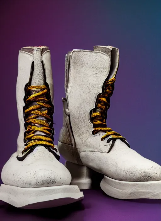 Image similar to hyperrealistic and heavy detailed product photo off white avant garde boot of thanos ( marvel comics ), in front of white back drop, whole shoe is in picture, leica sl 2 5 0 mm, vivid color, high quality, high textured, real life