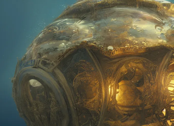 Image similar to masterpiece artwork of a underwater dome inside the ocean, au naturel, hyper detailed, digital art, trending in artstation, cinematic lighting, studio quality, smooth render, unreal engine 5 rendered, octane rendered, art style by klimt and nixeu and ian sprigger and wlop and krenz cushart