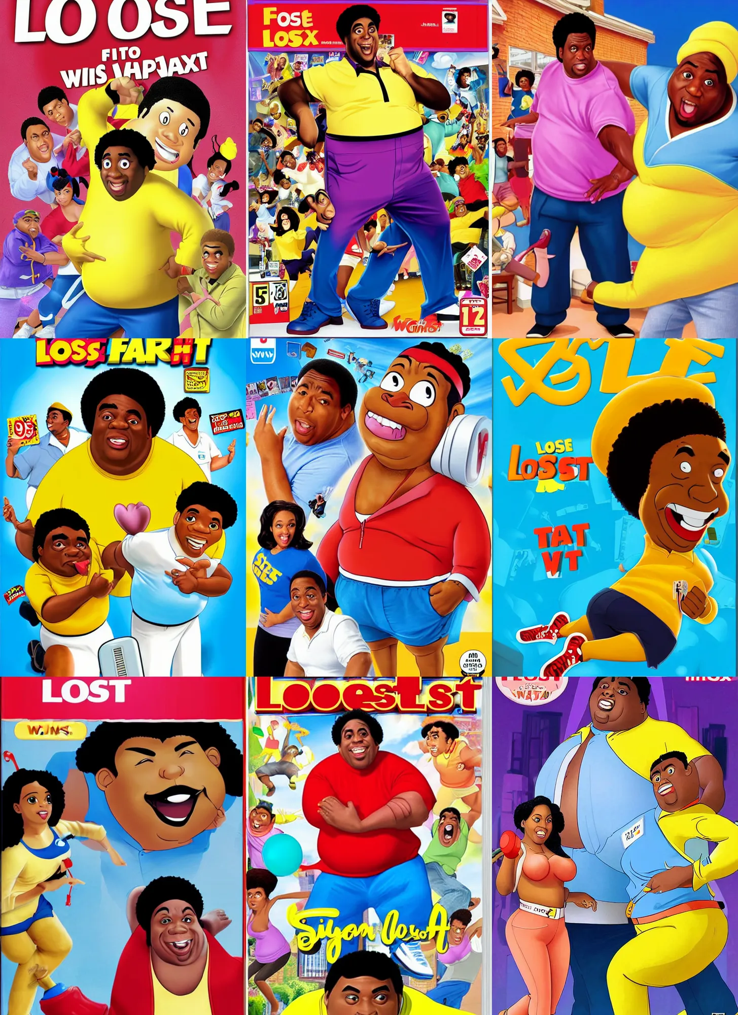 Prompt: box art of lose it! with fat albert ( 2 0 0 5 ) for wii, featuring kenan thompson as fat albert, sweating, exercising, wii console game cover art