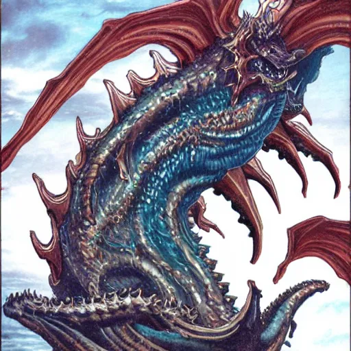 Prompt: Leviathan chaos dragon rising from the waves of the sea
