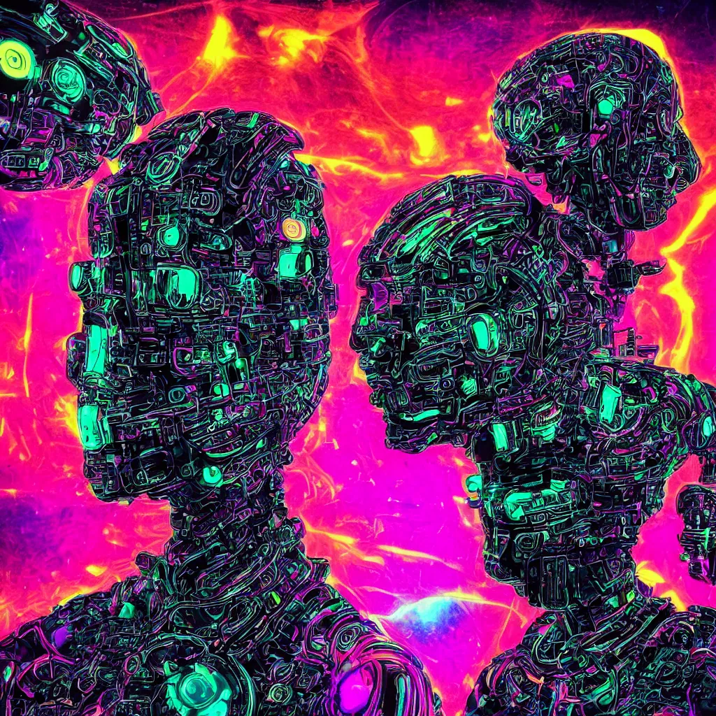 Prompt: photo of a black tshirt with a hyperdetailed futuristic trippy cyberpunk meditating robot head, 8 k, symetrical, flourescent colors, multicolored tshirt art,