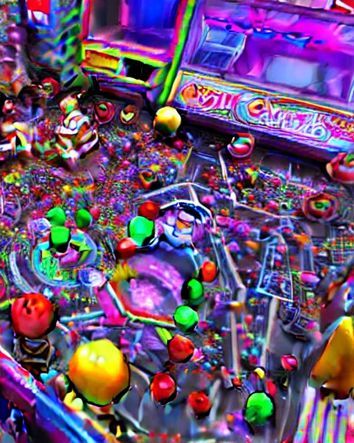 Image similar to crowded city made of arcade machines and buildings made of candy, cute elaborate epic robot, candy colors, pinball machine parts, symmetrical, bubbles everywhere, video game consoles, colored wires, translucent, clear parts, detailed by pokedstudio, rendered in blender, 3 d models