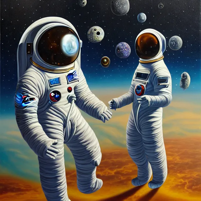 Image similar to an oil on canvas painting of an astronaut meeting an alien, polycount, surrealism, surrealist, cosmic horror, high detail