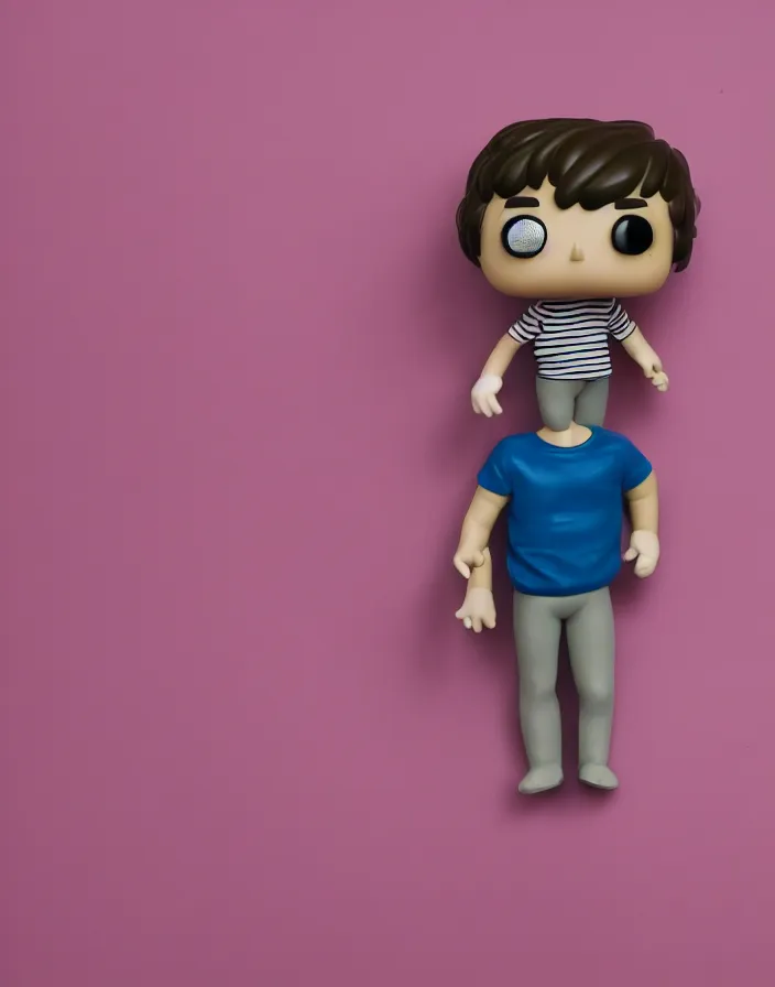 Image similar to singular human in the shape of a Funko Pop posing for a portrait, studio lighting, pink striped wallpaper backdrop, 8k