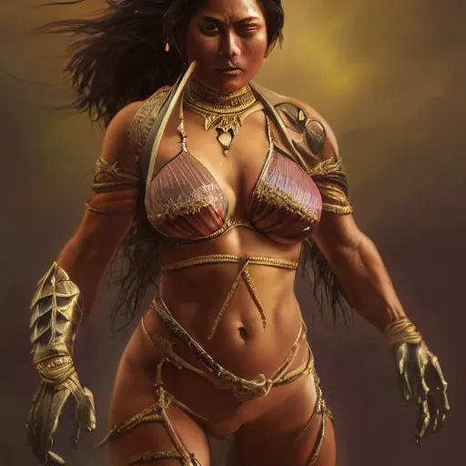 Image similar to painting of a muscular dark nepali female, bikini armour, big eyes, fat, ultra realistic, concept art, intricate details, eerie, highly detailed, photorealistic, octane render, 8 k, unreal engine. art by artgerm and greg rutkowski and alphonse mucha