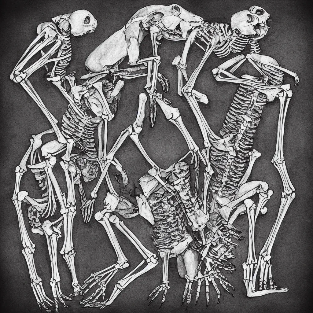 Prompt: t-shirt design of one kangaroo skeleton fighting another kangaroo skeleton, super detailed, symmetrical, pencil illustration
